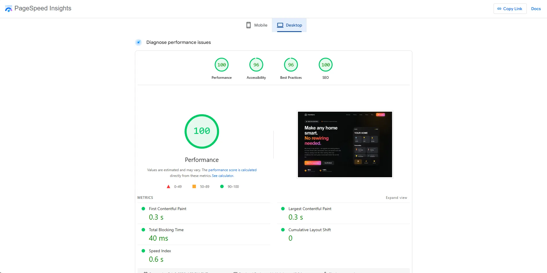 Google PageSpeed Insights showing 100 Performance, 96 Accessibility, 96 Best Practices, 100 SEO